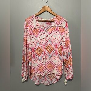 Lovestitch Long Sleeved Pullover Boho Style Blouse White/Pink Large Pretty!!